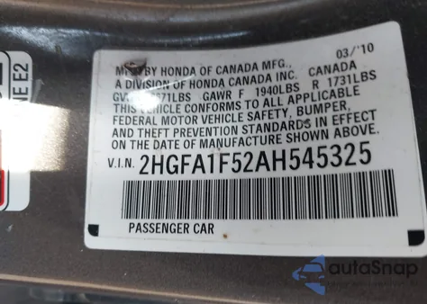 2010 Honda Civic Lx из США, поврежденный, VIN 2HGFA1F52AH545325